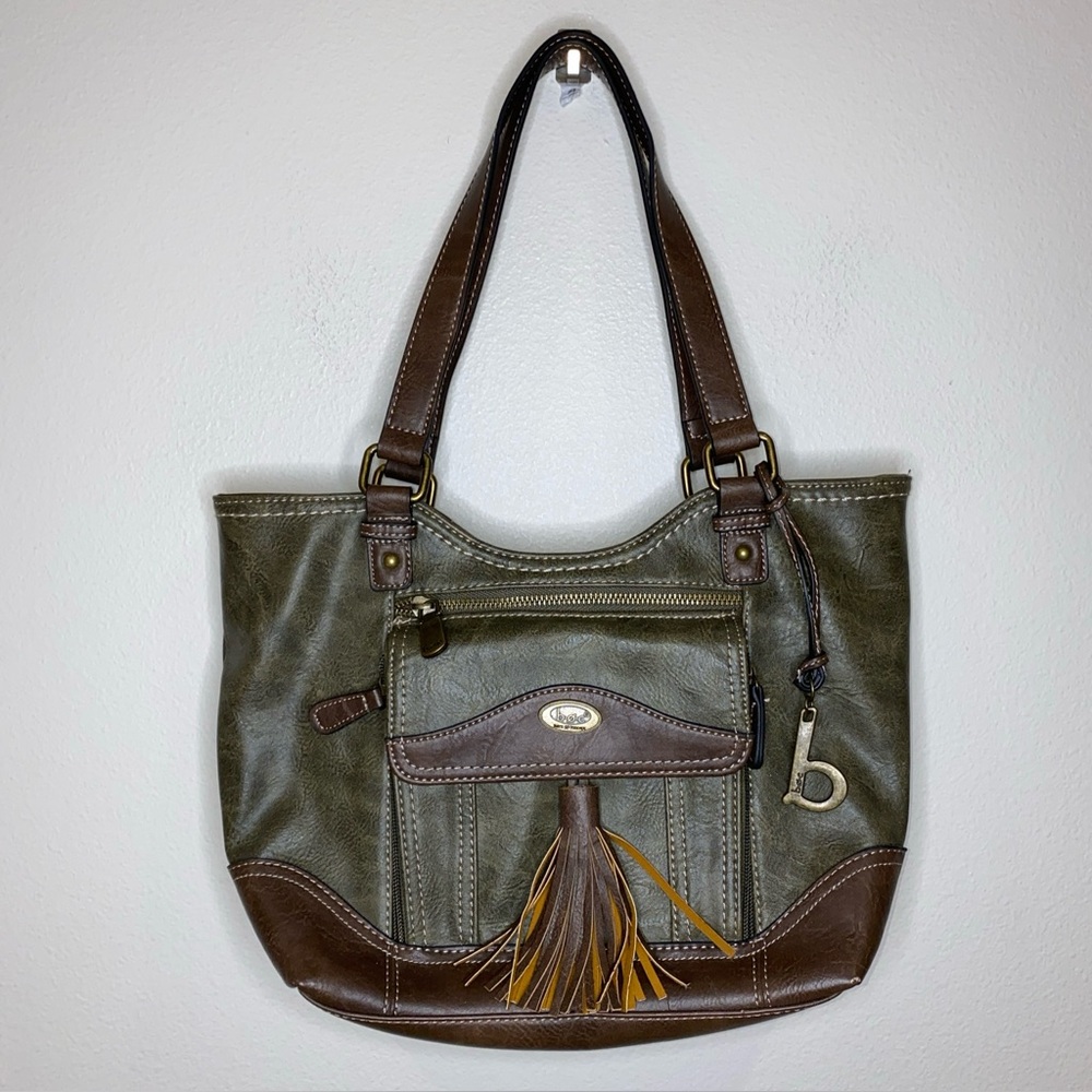 BOC Born Concept Shoulder Bag Olive Green Brown Accents Tassel Tote Satchel